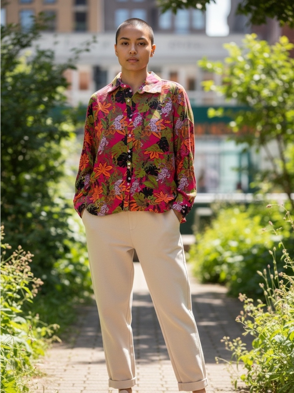 C&C California Tropical Floral Button-Down Shirt - Pink/Orange/Green/Black 1X